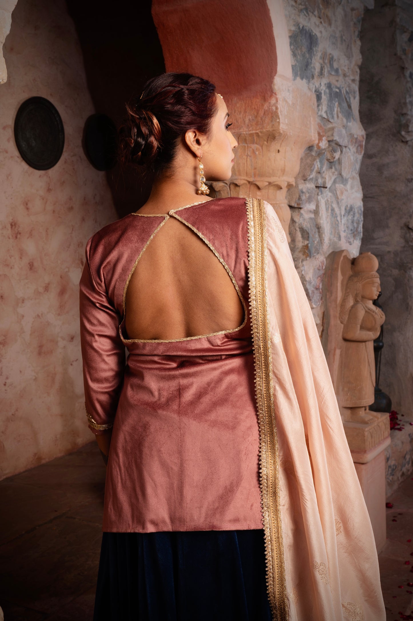 HAND EMBROIDERED DEEP BLUE VELVET LEHENGA SET