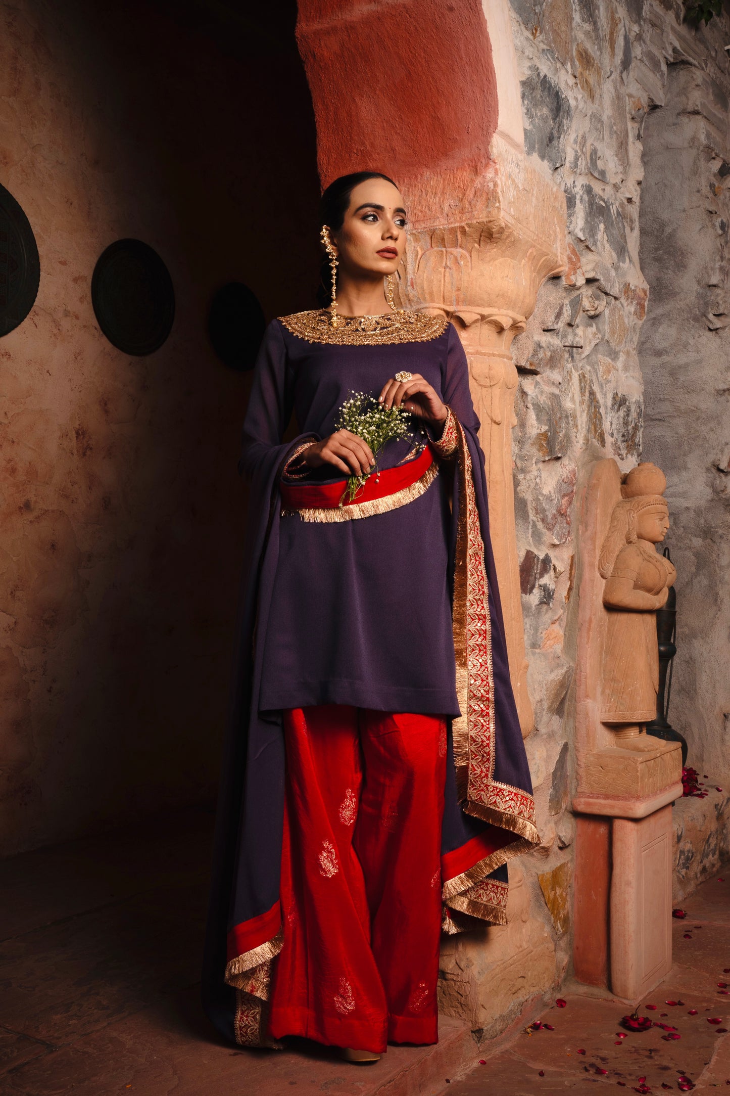 DEEP PURPLE & RED HAND EMBROIDERED KURTA SET