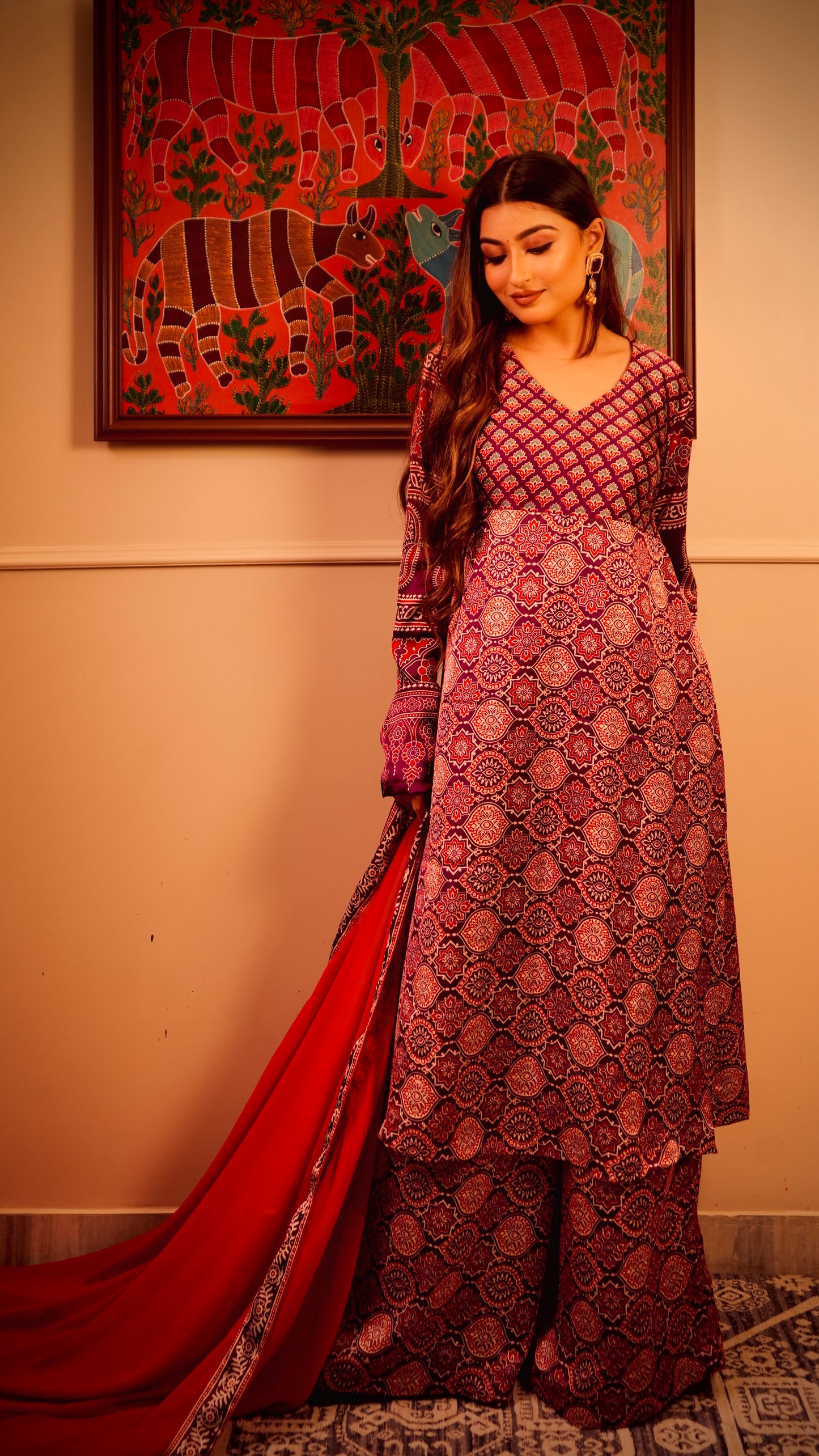 Lal-Baingani Ajrak Anarkali Kurta set