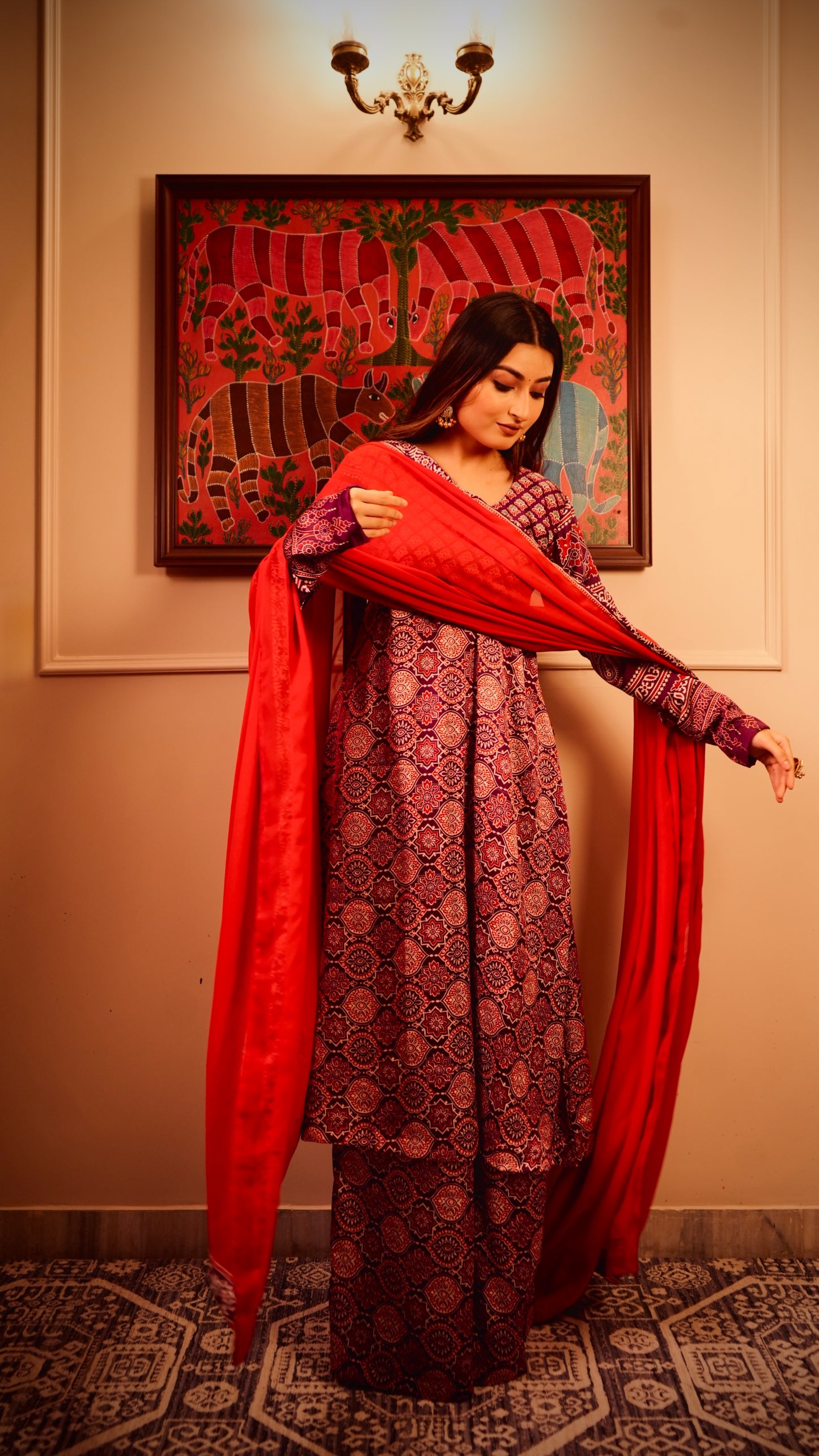 Lal-Baingani Ajrak Anarkali Kurta set