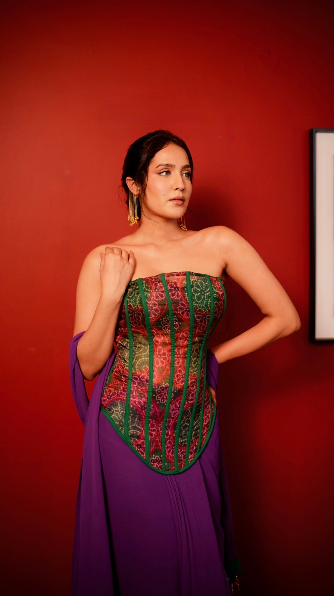 Structured Bandhani Corset with Draped Skirt