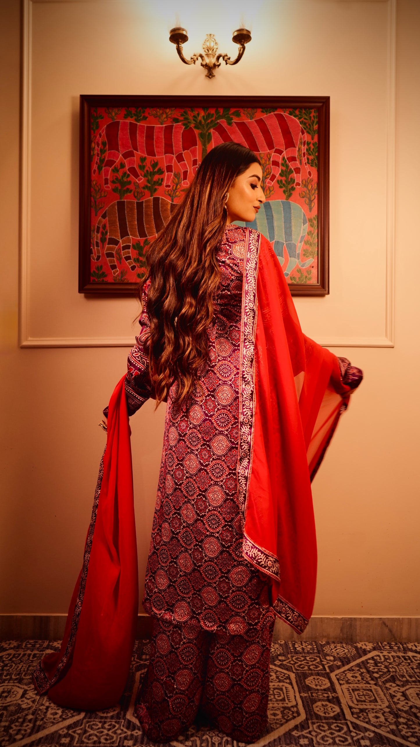 Lal-Baingani Ajrak Anarkali Kurta set