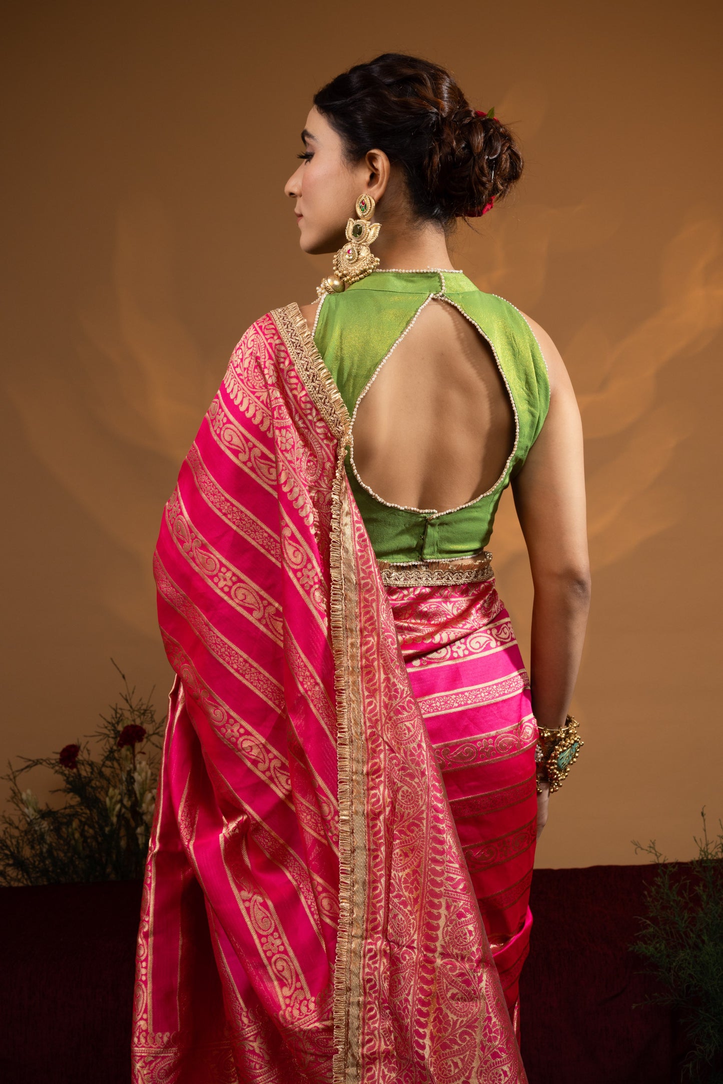 Pre-Draped Hot Pink Banarasee Silk Saree