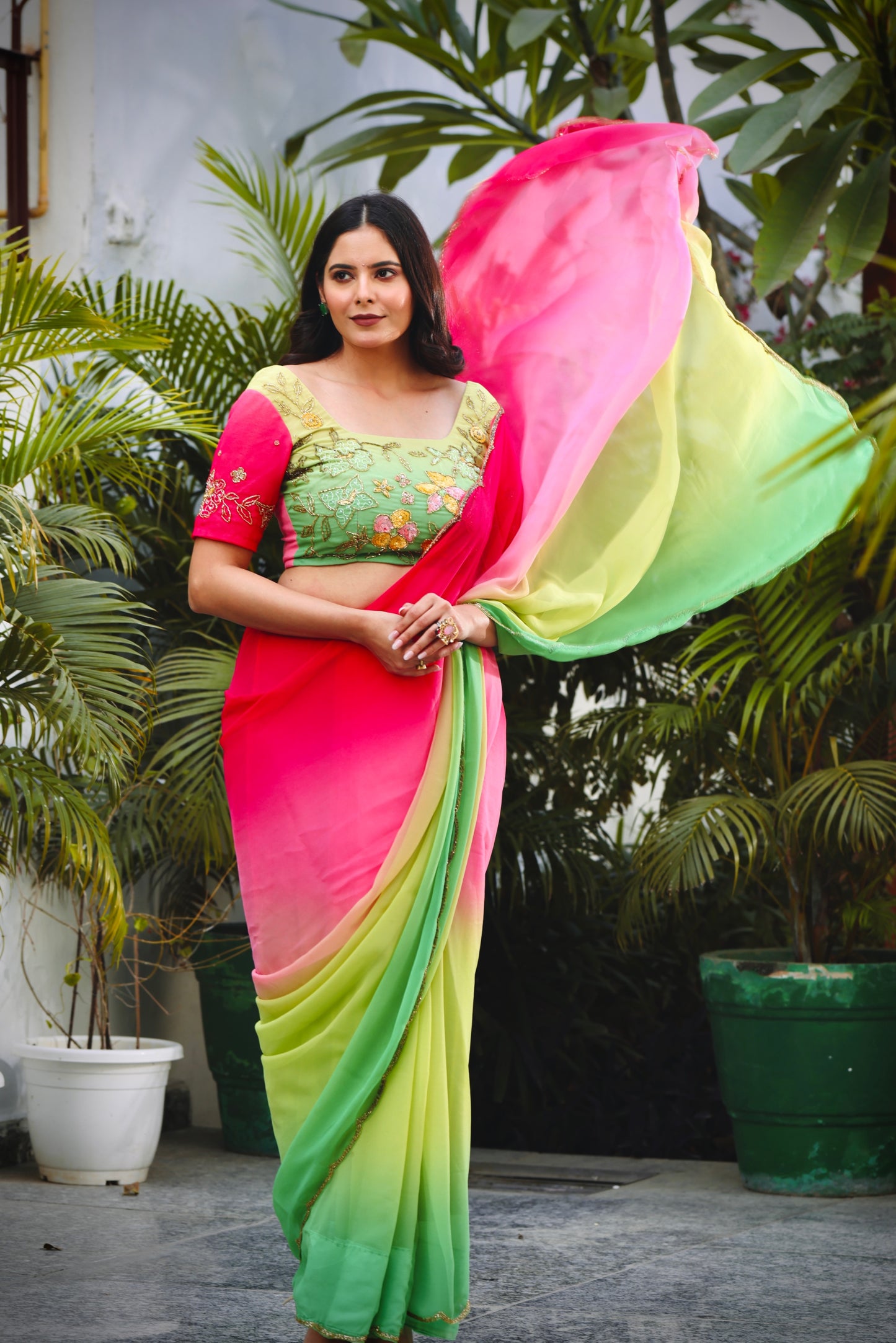 Ombre Green & Pink Hand-Embroidered Saree