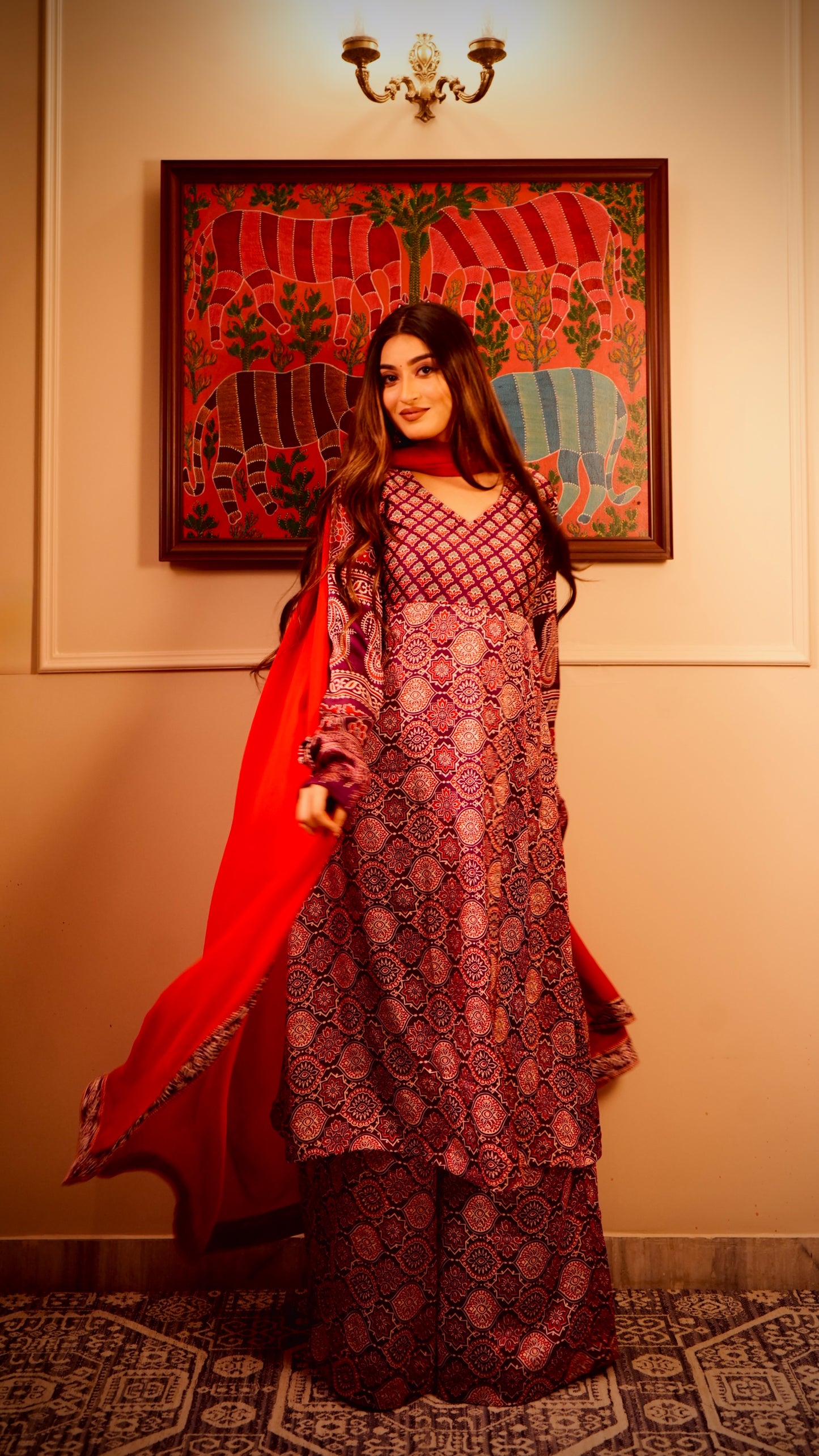 Lal-Baingani Ajrak Anarkali Kurta set