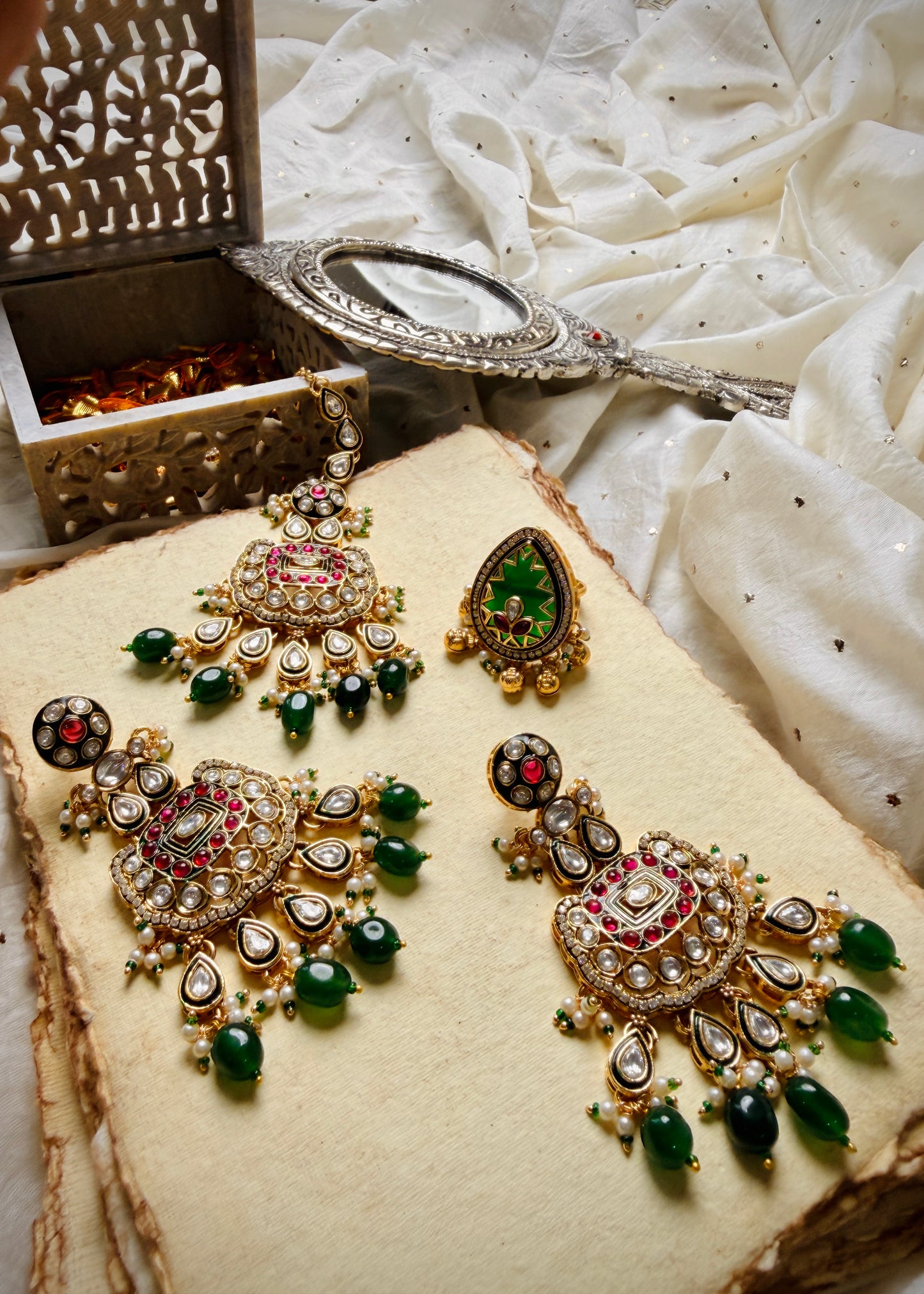 Elara Chandelier Earrings, Maangtika & Ring Set