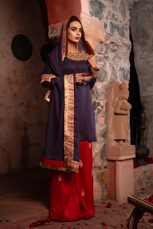 DEEP PURPLE & RED HAND EMBROIDERED KURTA SET