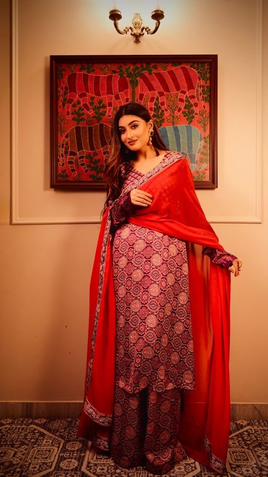 Lal-Baingani Ajrak Anarkali Kurta set