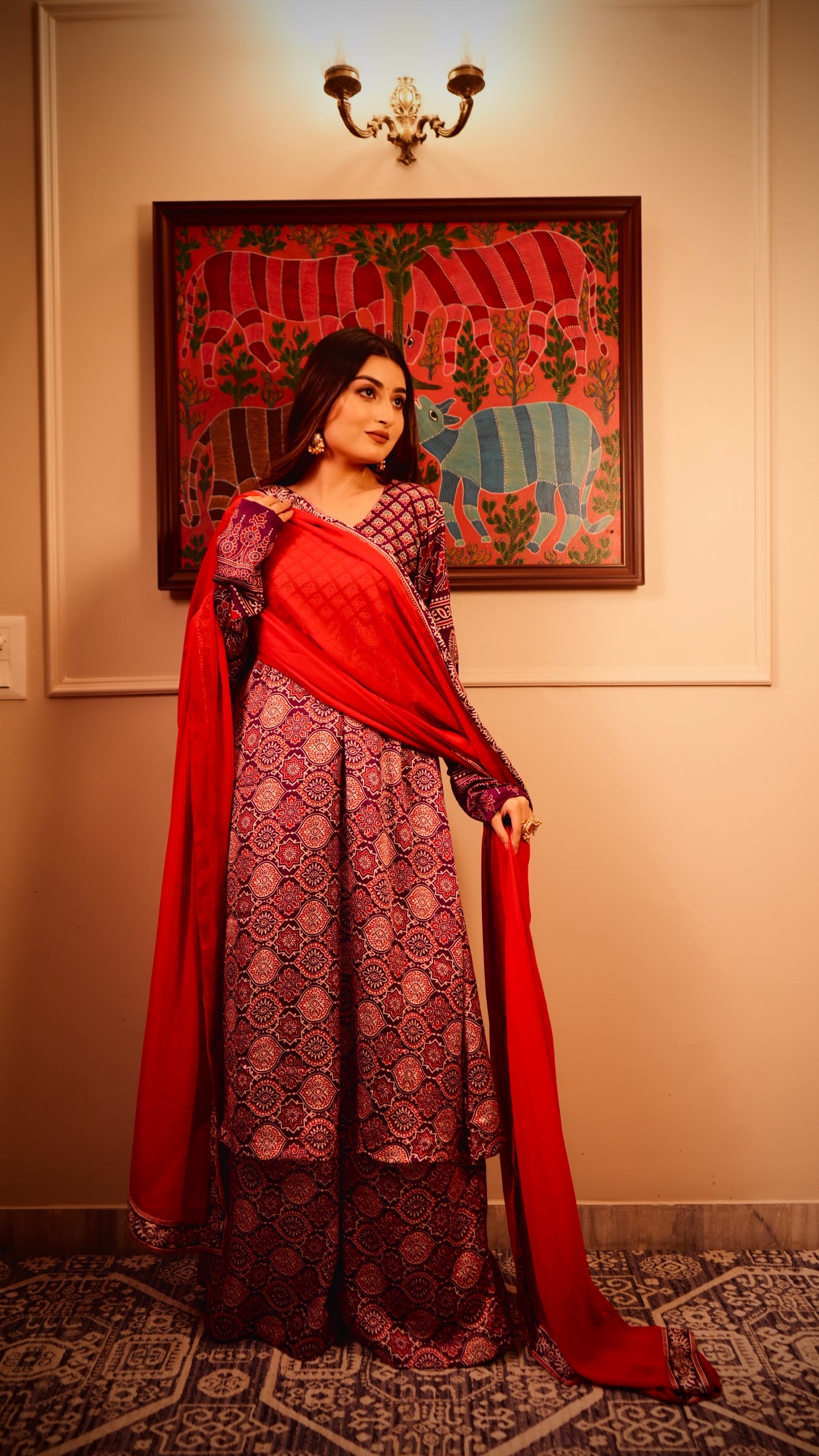 Lal-Baingani Ajrak Anarkali Kurta set
