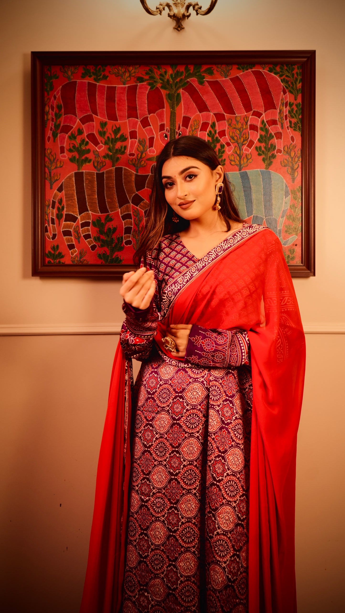 Lal-Baingani Ajrak Anarkali Kurta set