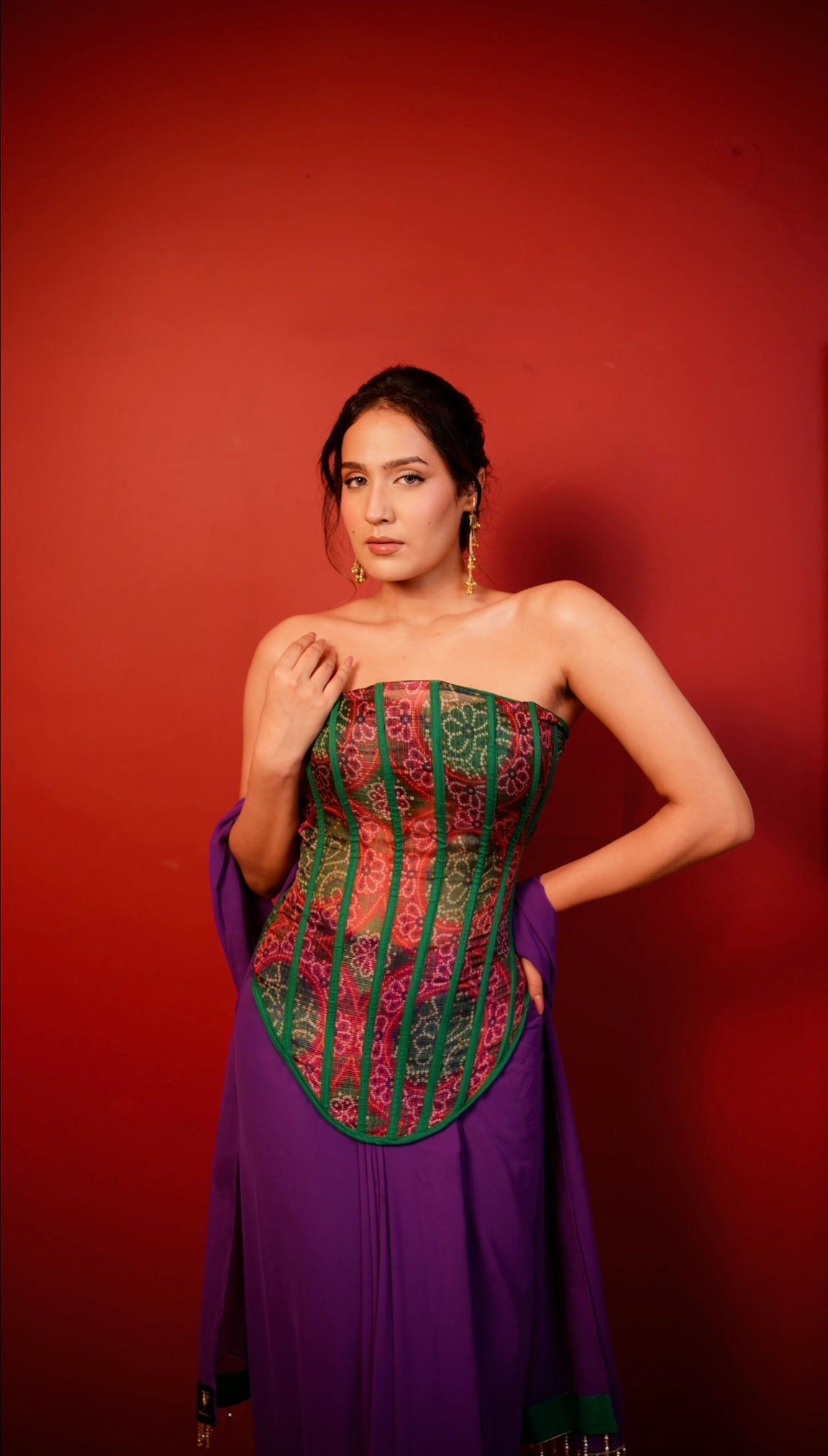 Structured Bandhani Corset with Draped Skirt