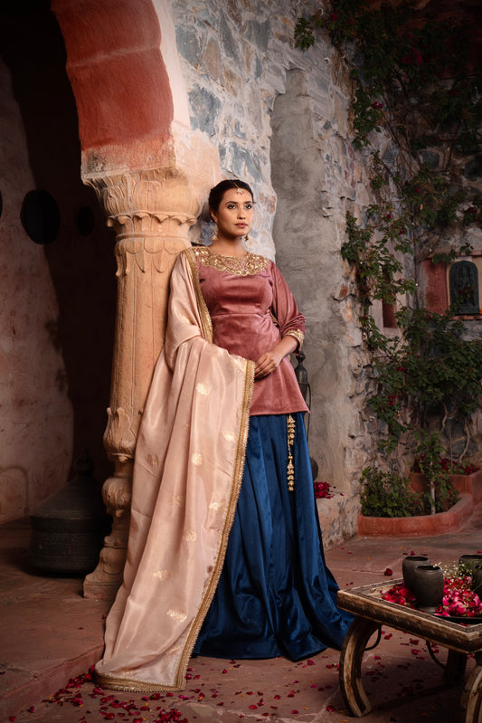 HAND EMBROIDERED DEEP BLUE VELVET LEHENGA SET