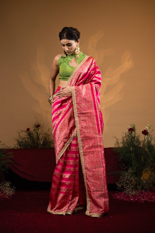 Pre-Draped Hot Pink Banarasee Silk Saree