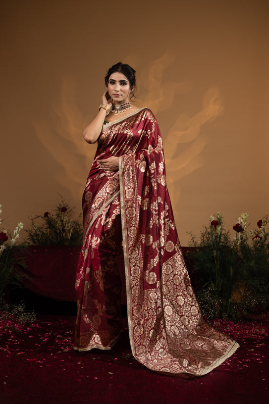 Pre-Draped Maroon Banarasee Silk Saree