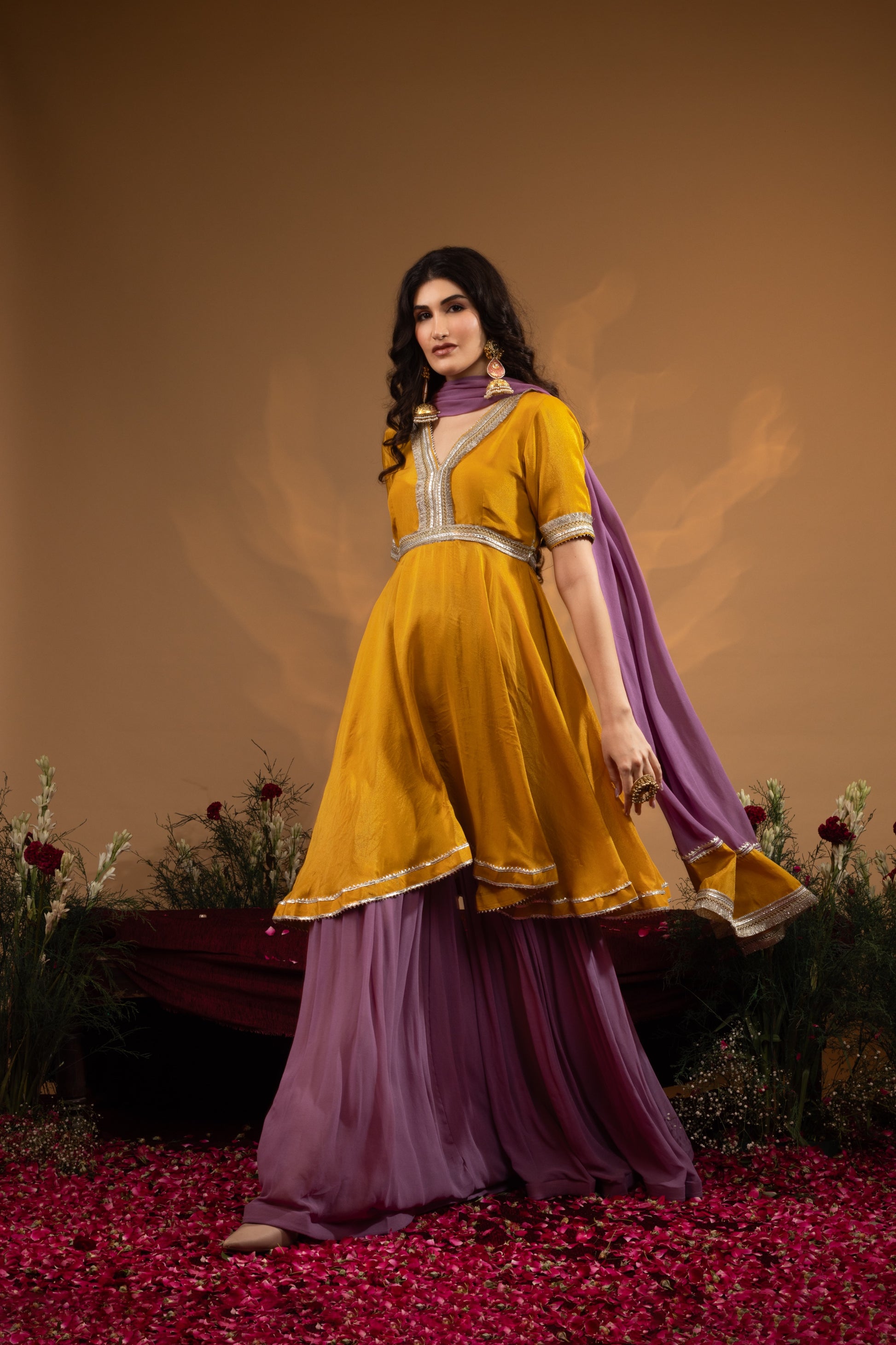 Deep Lilac and Mustard Asymmetrical Anarkali Sharara Set – Nayaab by Prince