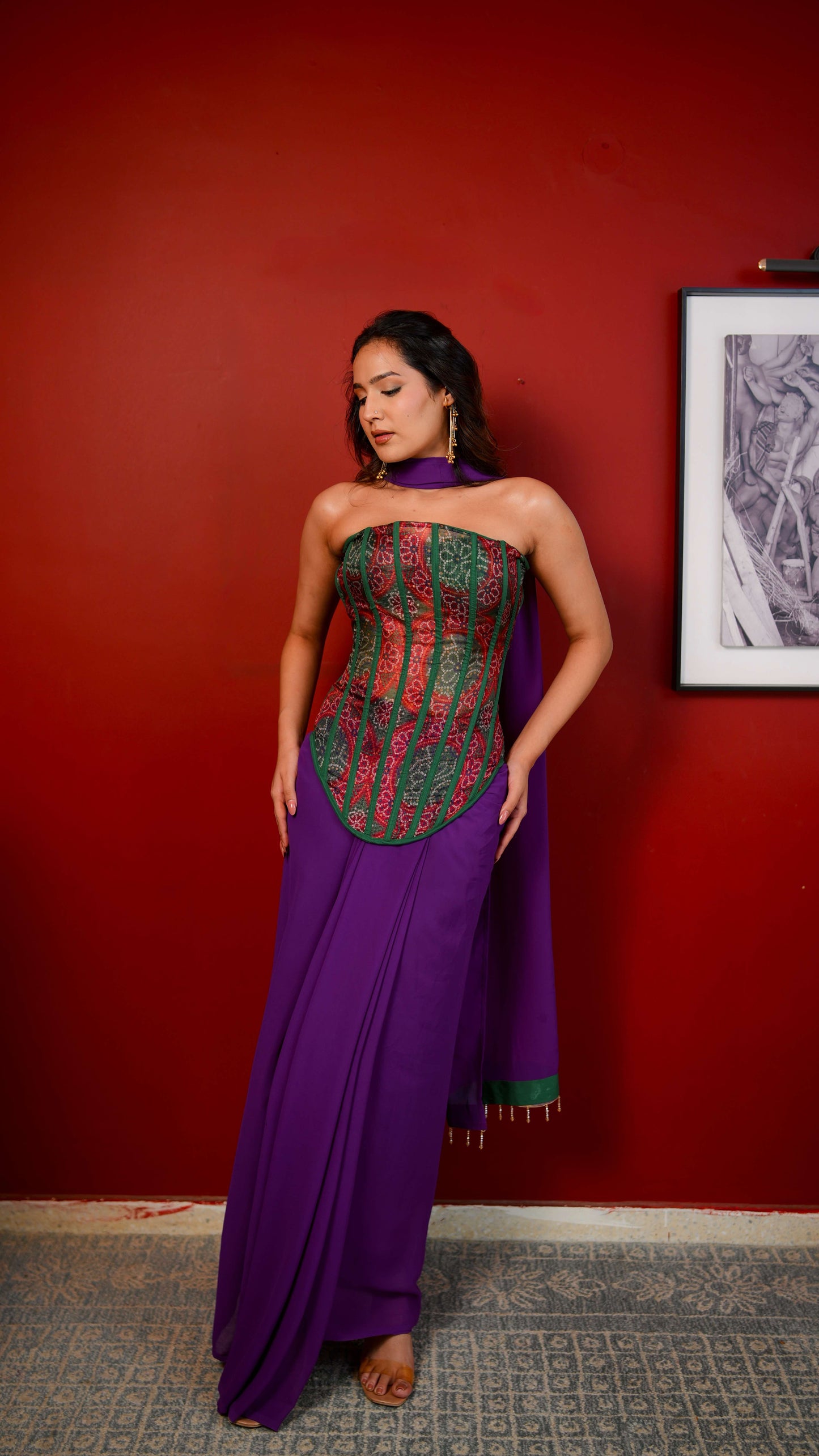 Structured Bandhani Corset with Draped Skirt