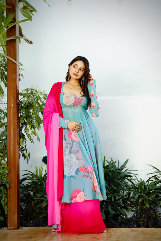 Aqua Blush Bloom Anarkali set