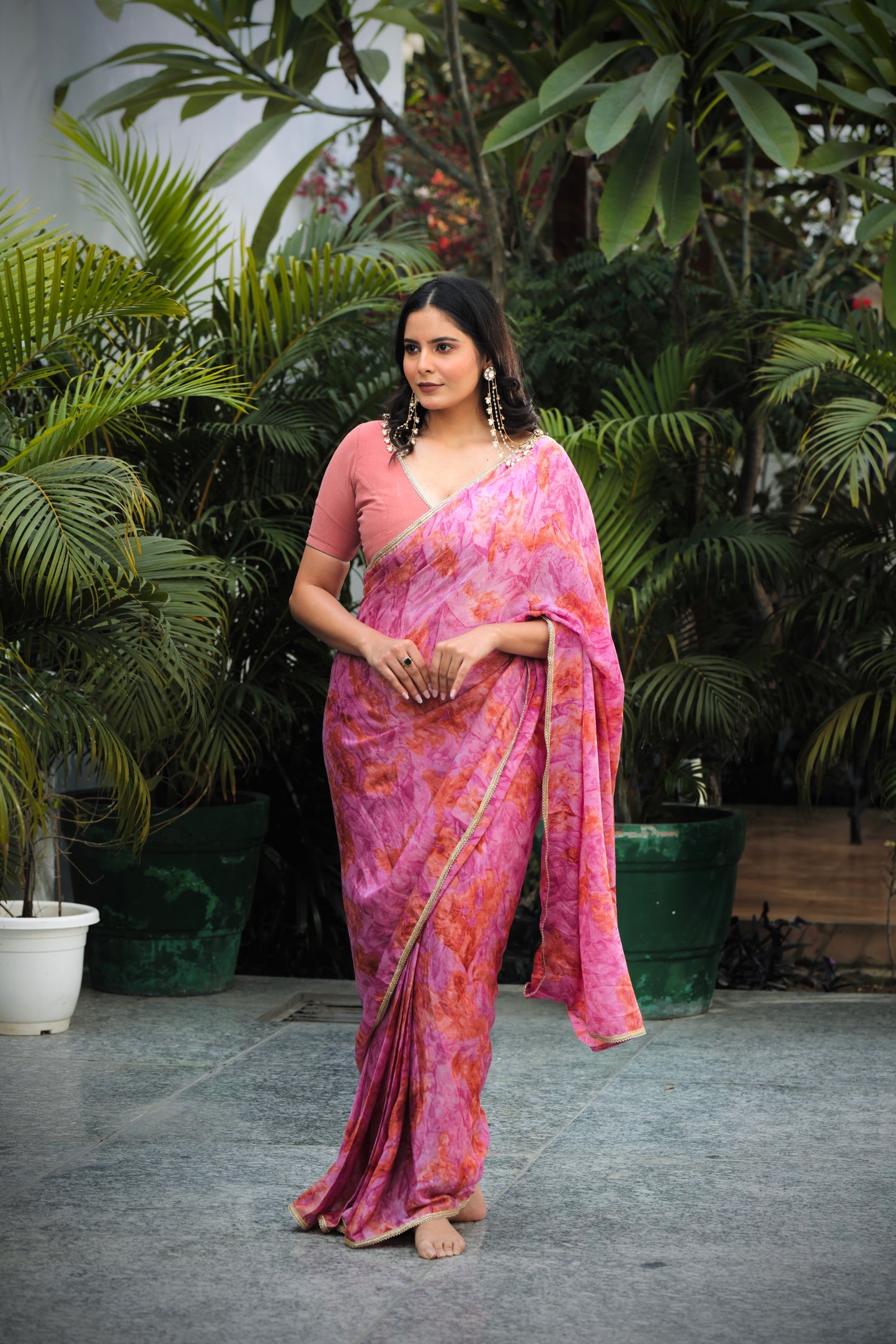 Onion Pink & Brown Abstract Pre-Draped Blend Saree