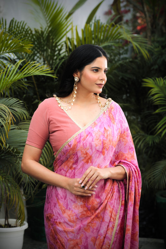 Onion Pink & Brown Abstract Pre-Draped Blend Saree