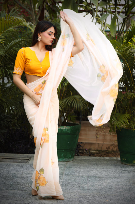 Peach & Yellow Bloom Saree