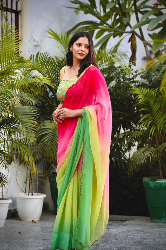 Ombre Green & Pink Hand-Embroidered Saree